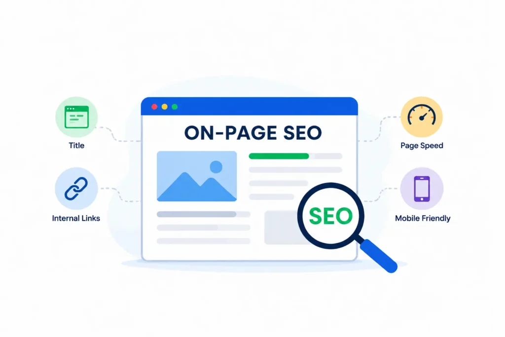 Illustration of a web page mockup showing key on-page SEO elements including Title, Internal Links, Page Speed, and Mobile Friendly.
