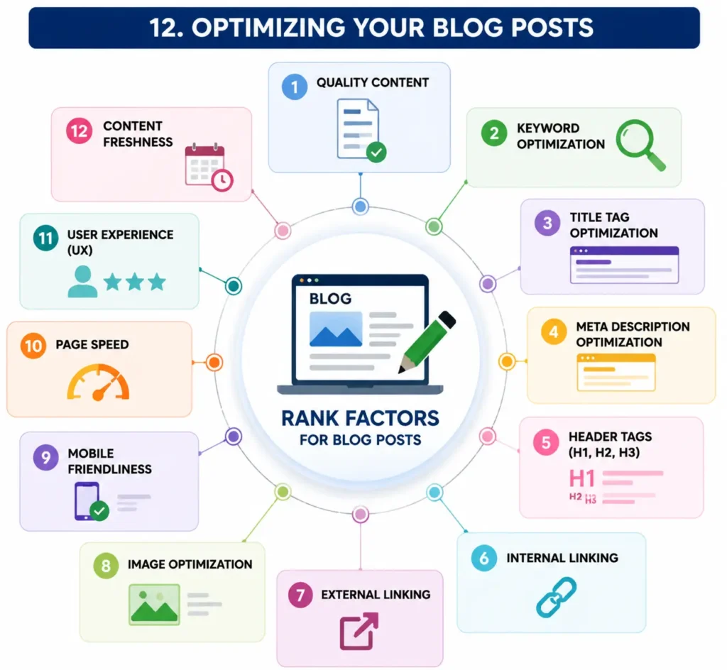 Optimizing Your Blog Posts infographic showing key on-page SEO ranking factors for blog posts. Includes quality content, keyword optimization