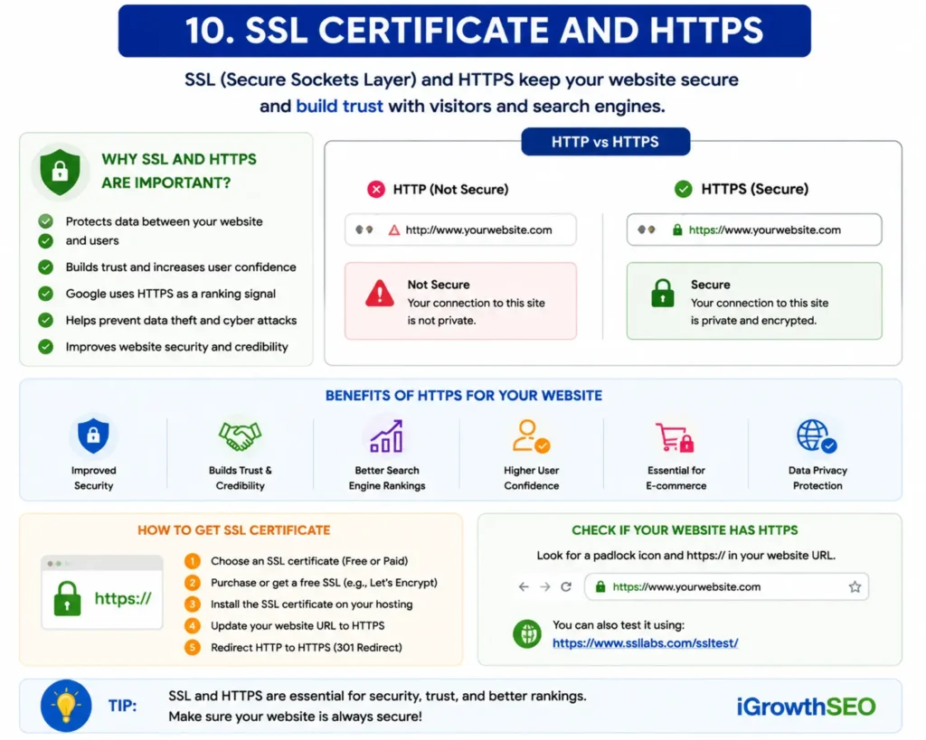 SSL Certificate and HTTPS infographic showing a website with HTTPS and padlock. Explains benefits for security, user trust, Google ranking, and e-commerce