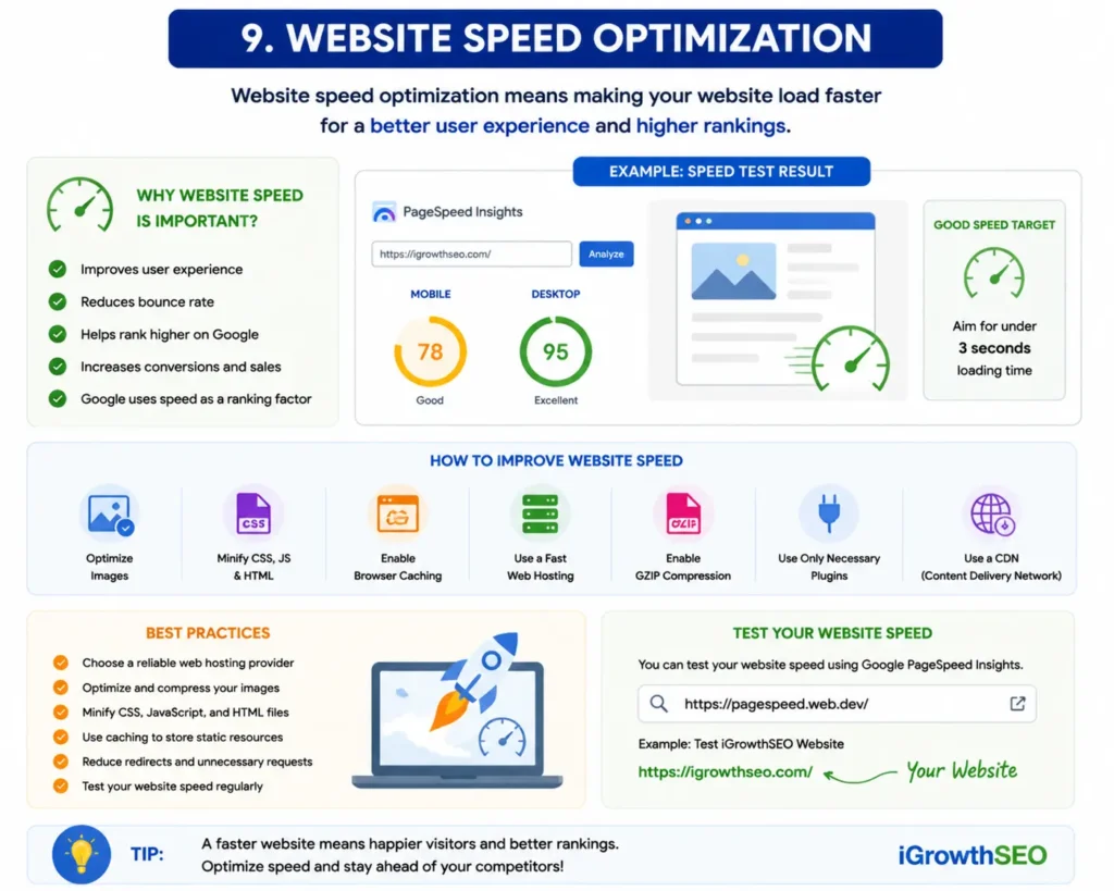 Website Speed Optimization infographic showing PageSpeed Insights scores for mobile and desktop, Core Web Vitals (LCP, FID, CLS), tips for optimizing images