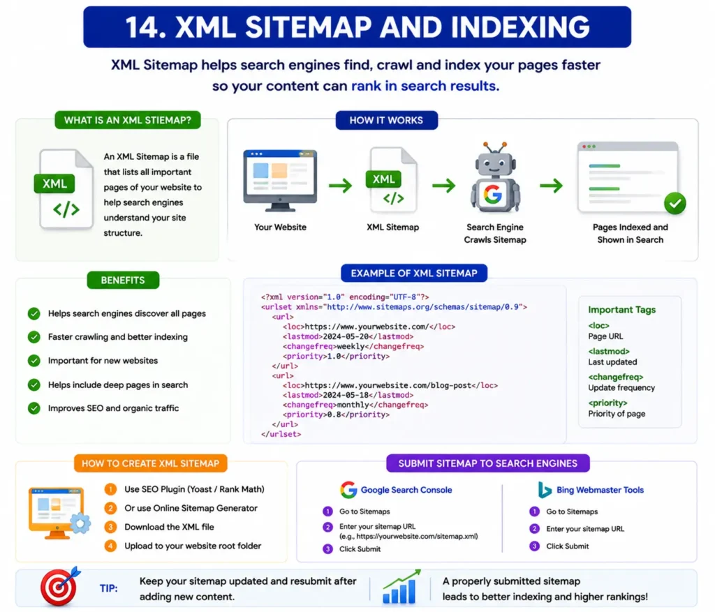 XML Sitemap and Indexing infographic explaining how XML sitemaps help search engines crawl, find, and index website pages faster