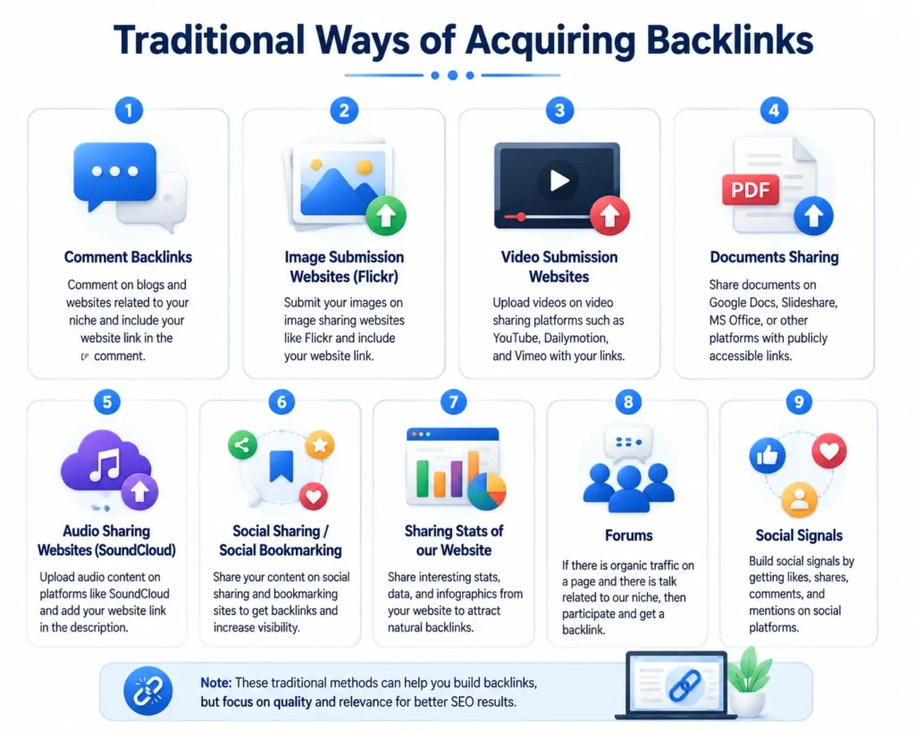 Infographic illustrating traditional link building techniques based on a correct dataset. Includes nine methods: Comment Backlinks, Image Submission