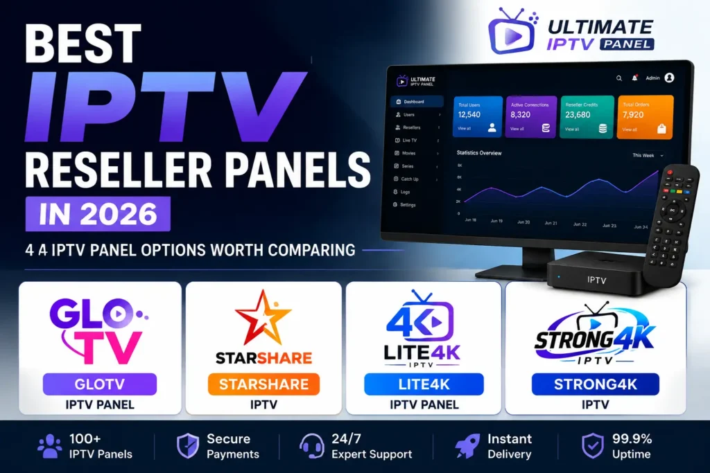 Best IPTV Reseller Panels featuring GloTV, StarShare, Lite4K & Strong4K IPTV panel options