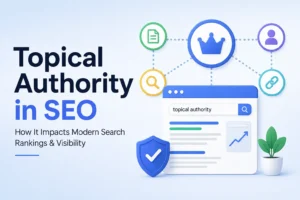 Topical Authority in SEO featured image showing a modern SEO dashboard, search engine interface, authority network diagram, backlinks, content pages, user icons